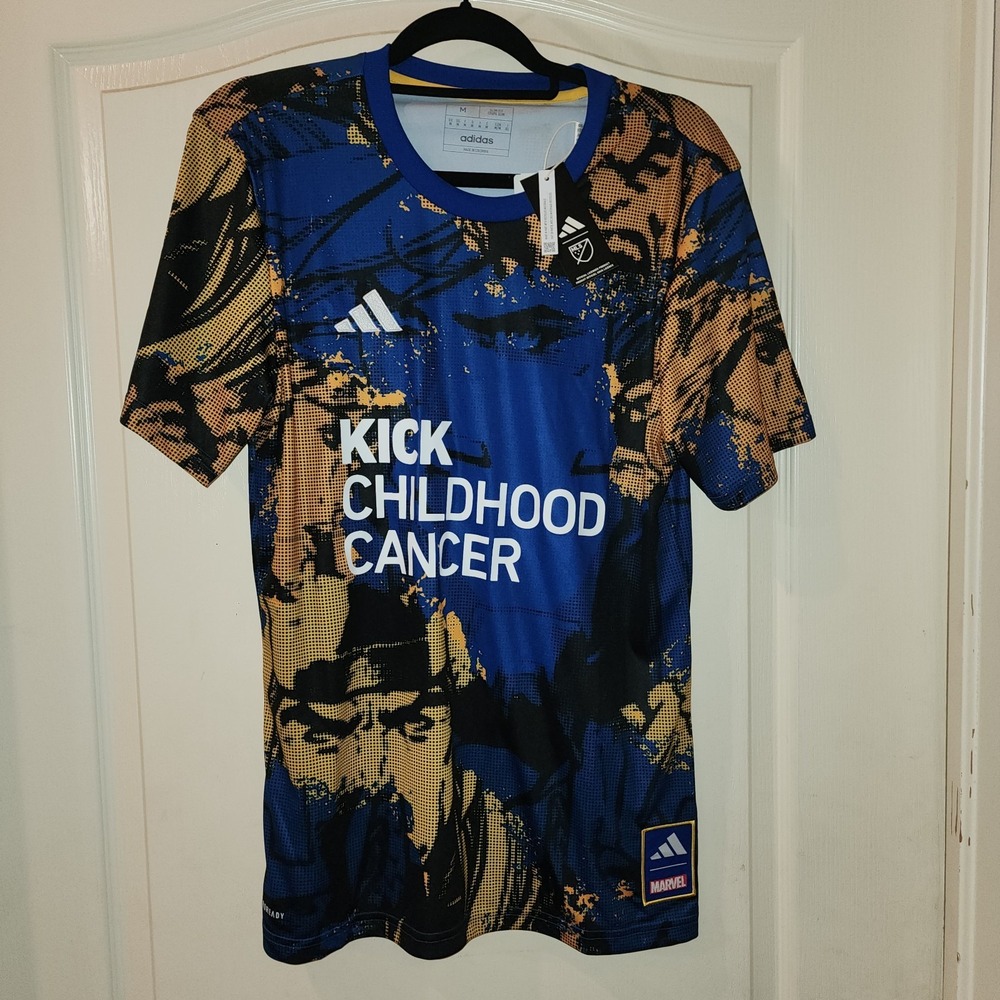 Adidas Marvel MLS Kick Childhood Cancer Soccer Jersey Blue Gold HT3238 Mens M